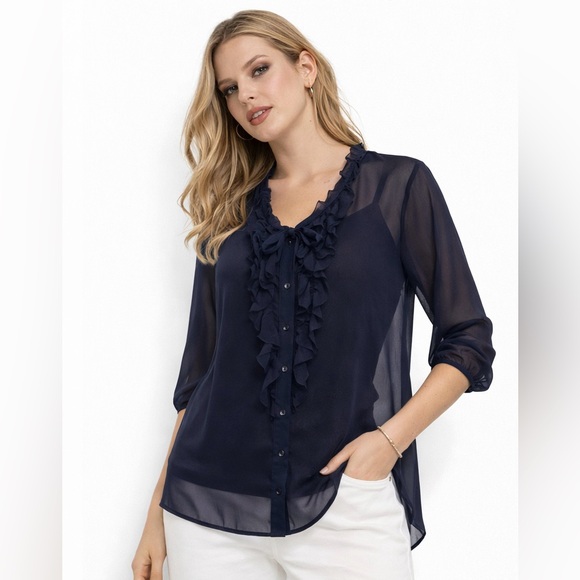 🦋 Sheer, Ruffle Navy Button Down Blouse - Picture 2 of 10